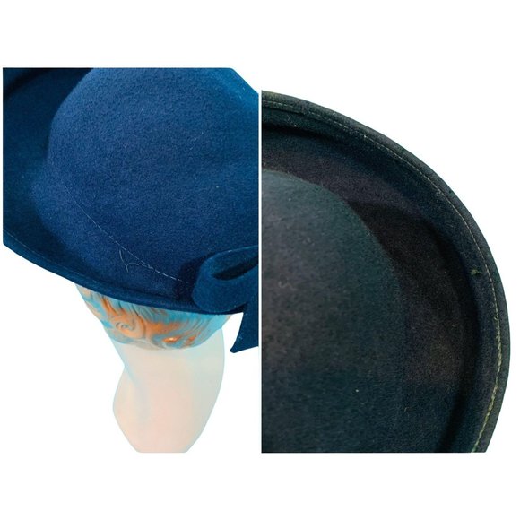 Vintage 1950s Wool Beret Navy Blue Bow Hat - Picture 5 of 10